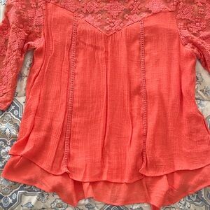 Boho style New Directions Coral Floral Lace Overlay top.
